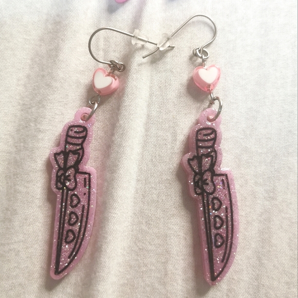 SOLD - FREE GIFT WITH PURCHASE OVER $20 New Resin Pink Sparkly Knife Earrings - Picture 5 of 7